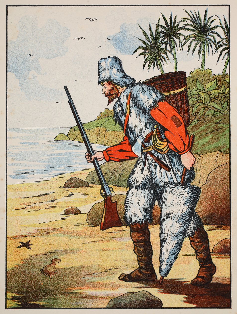 Robinson Crusoe, illusztráció a The Story of Robinson Crusoe-ból: Adaptáció gyerekeknek Defoes nyelvét követve, pub. Griffith Farran Browne & Co. Limited, London alkotó: English School