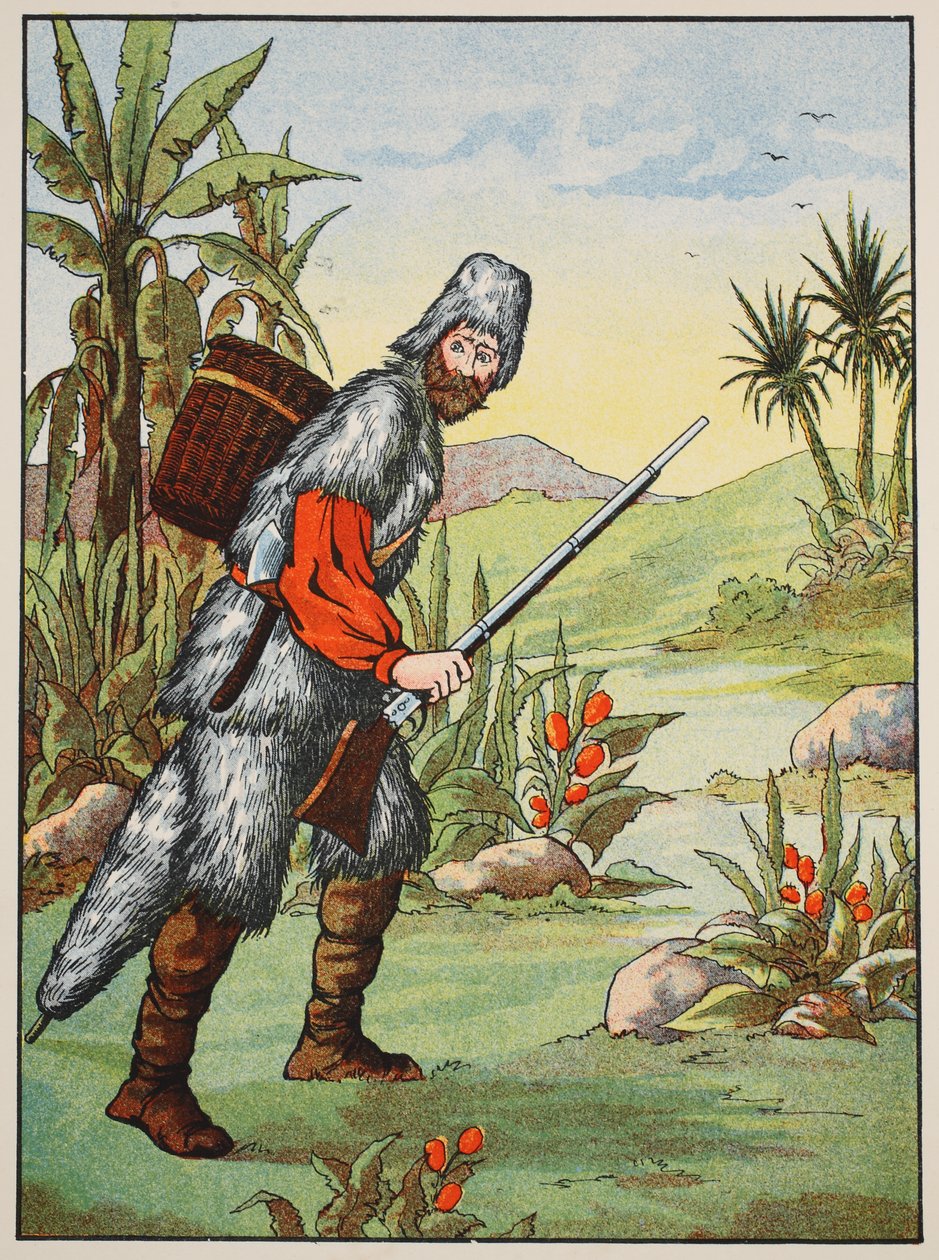 Robinson Crusoe, illusztráció a The Story of Robinson Crusoe-ból: Adaptáció gyerekeknek Defoes nyelvét követve, pub. Griffith Farran Browne & Co. Limited, London alkotó: English School