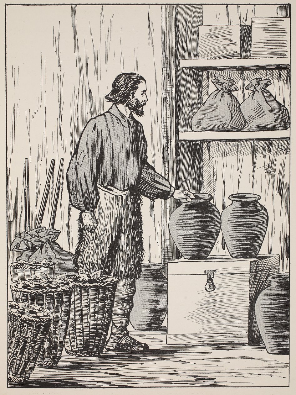 Robinson Crusoe a raktárában, illusztráció a The Story of Robinson Crusoe-ból: Adaptáció gyerekeknek Defoes nyelvét követve, pub. Griffith Farran Browne & Co. Limited, London alkotó: English School