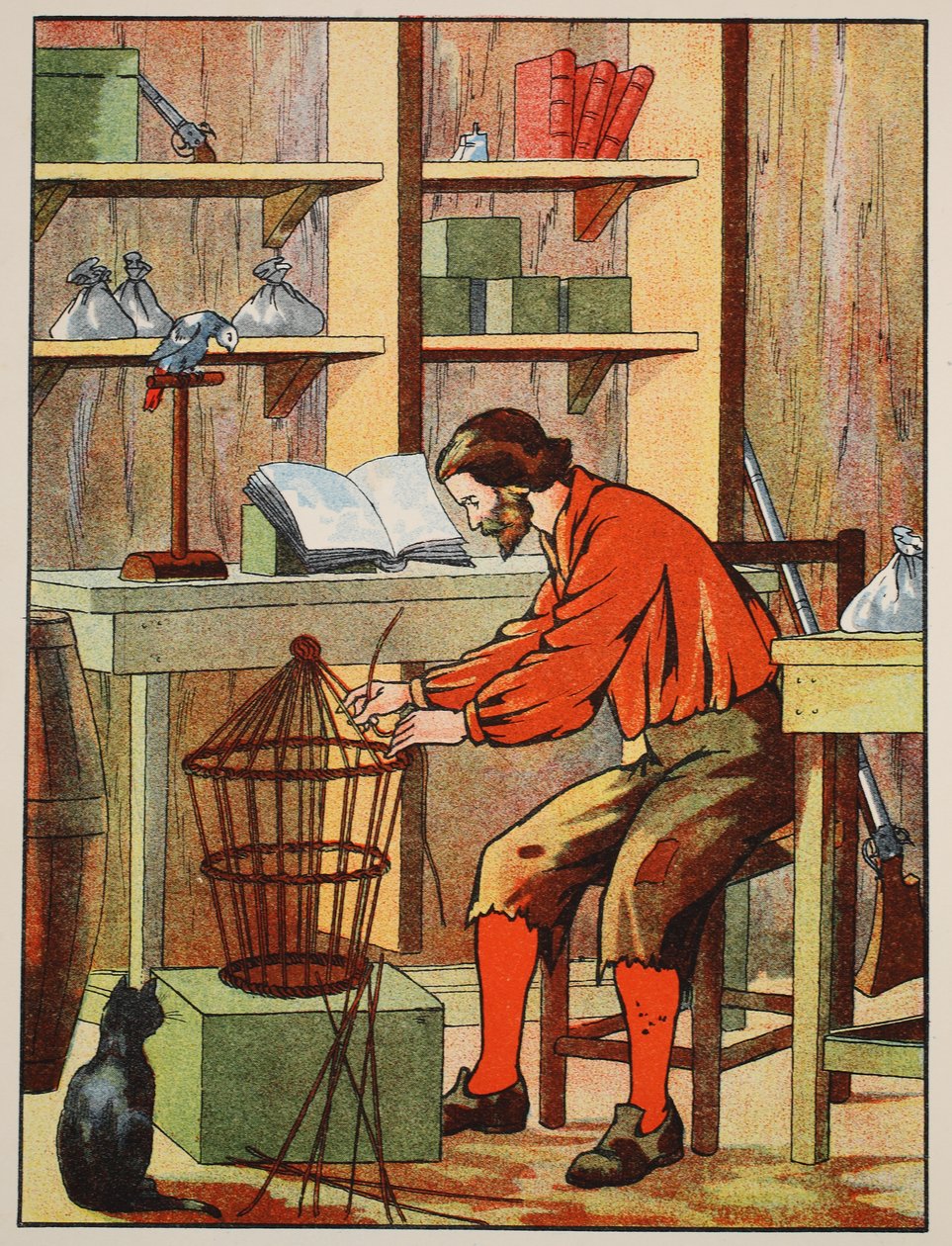 Robinson Crusoe kalitkát készít a papagájának, illusztráció a The Story of Robinson Crusoe-ból: Adaptáció gyerekeknek Defoes nyelvét követve, pub. Griffith Farran Browne & Co. Limited, London alkotó: English School