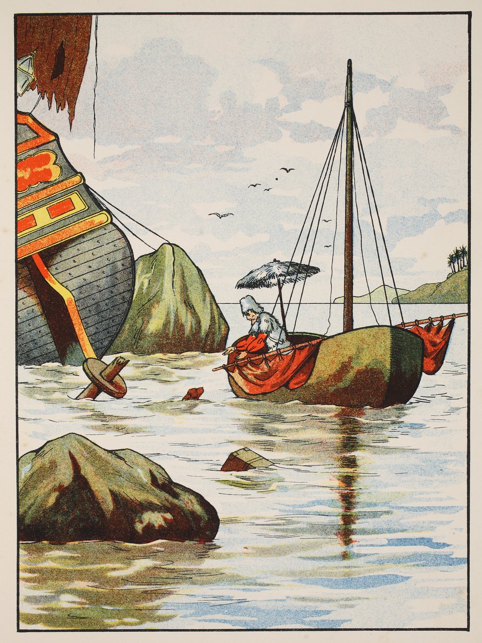 Robinson Crusoe megment egy kutyát egy spanyol hajótörésből, illusztráció a The Story of Robinson Crusoe-ból: Adaptáció gyerekeknek Defoes nyelvét követve, pub. írta Griffith Farran Browne & Co. Limi alkotó: English School