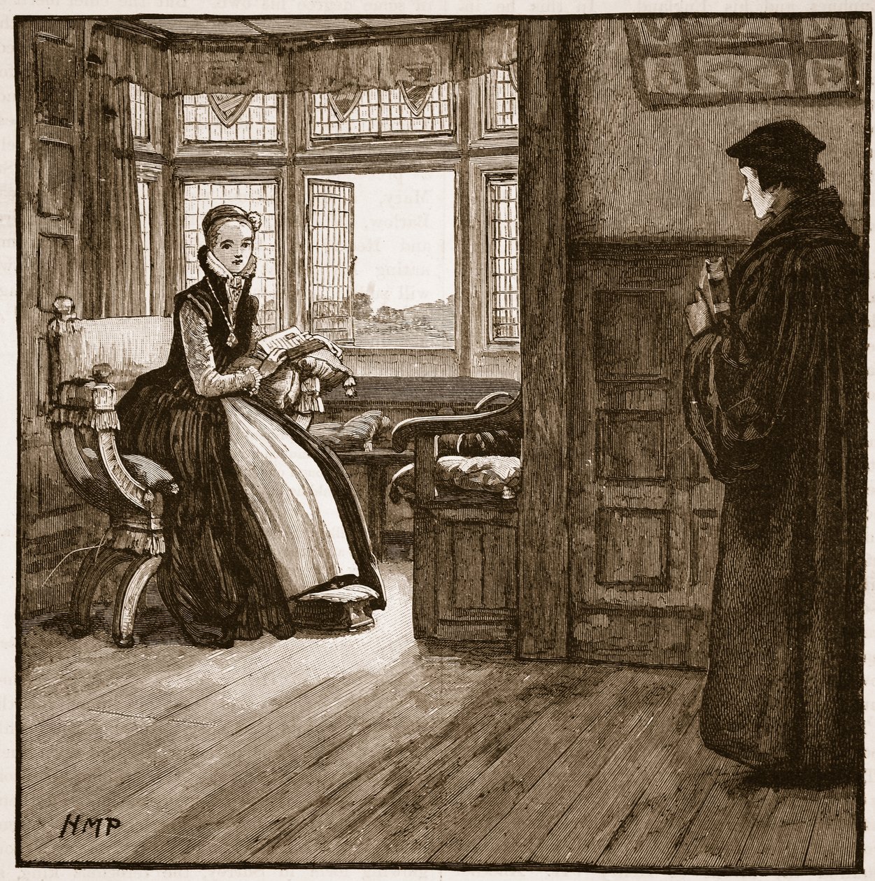 Roger Ascham látogatás Lady Jane Greynél, illusztráció Cassell Illustrated History of England című művéből (szépia fotó) alkotó: English School