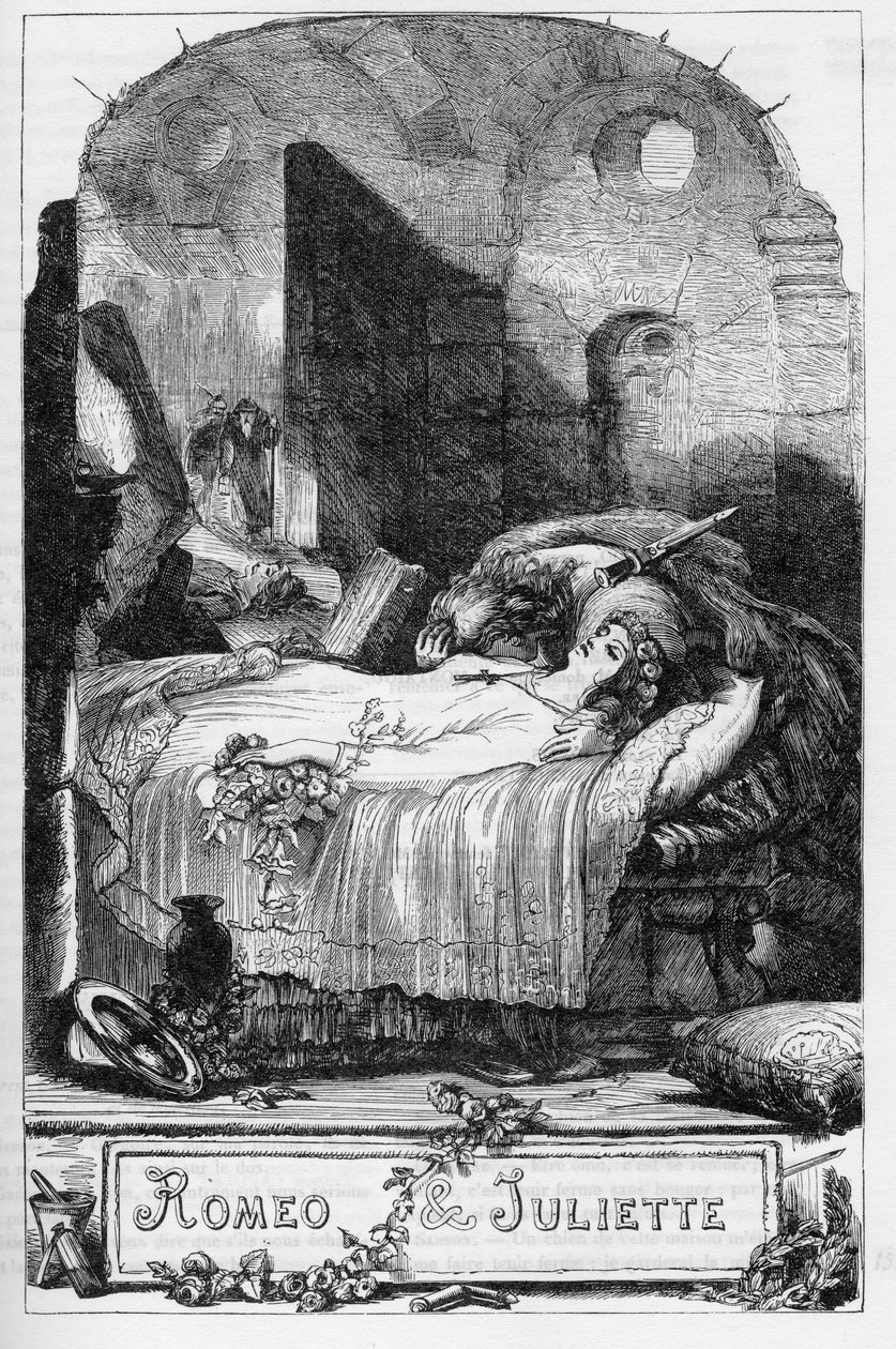 Rómeó és Júlia (Rómeó és Júlia) – Illusztráció a „” Completes de William Shakespeare”-ben”” 1866 – A kiadás illusztrációi és általános formája Cassell illusztrált Shakespeare-jéből származik, amely Londonban jelent meg. alkotó: English School