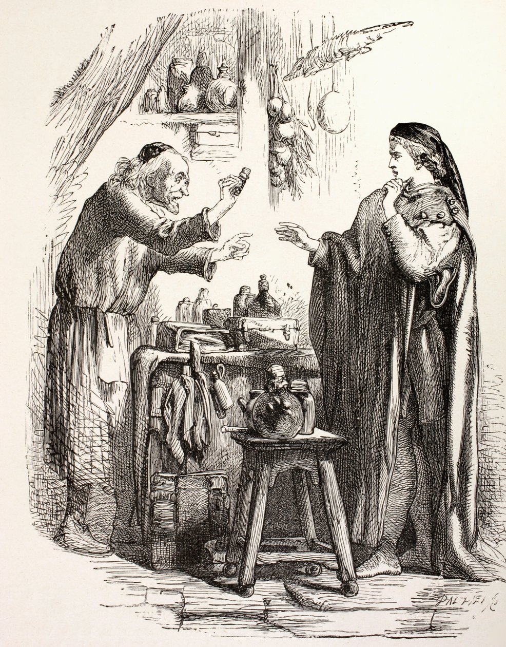 Rómeó mérget vásárol a patikustól, illusztrációt a Rómeó és Júliától, a „The Illustrated Library Shakespeare”-ből, 1890-ben Londonban (litho) alkotó: English School