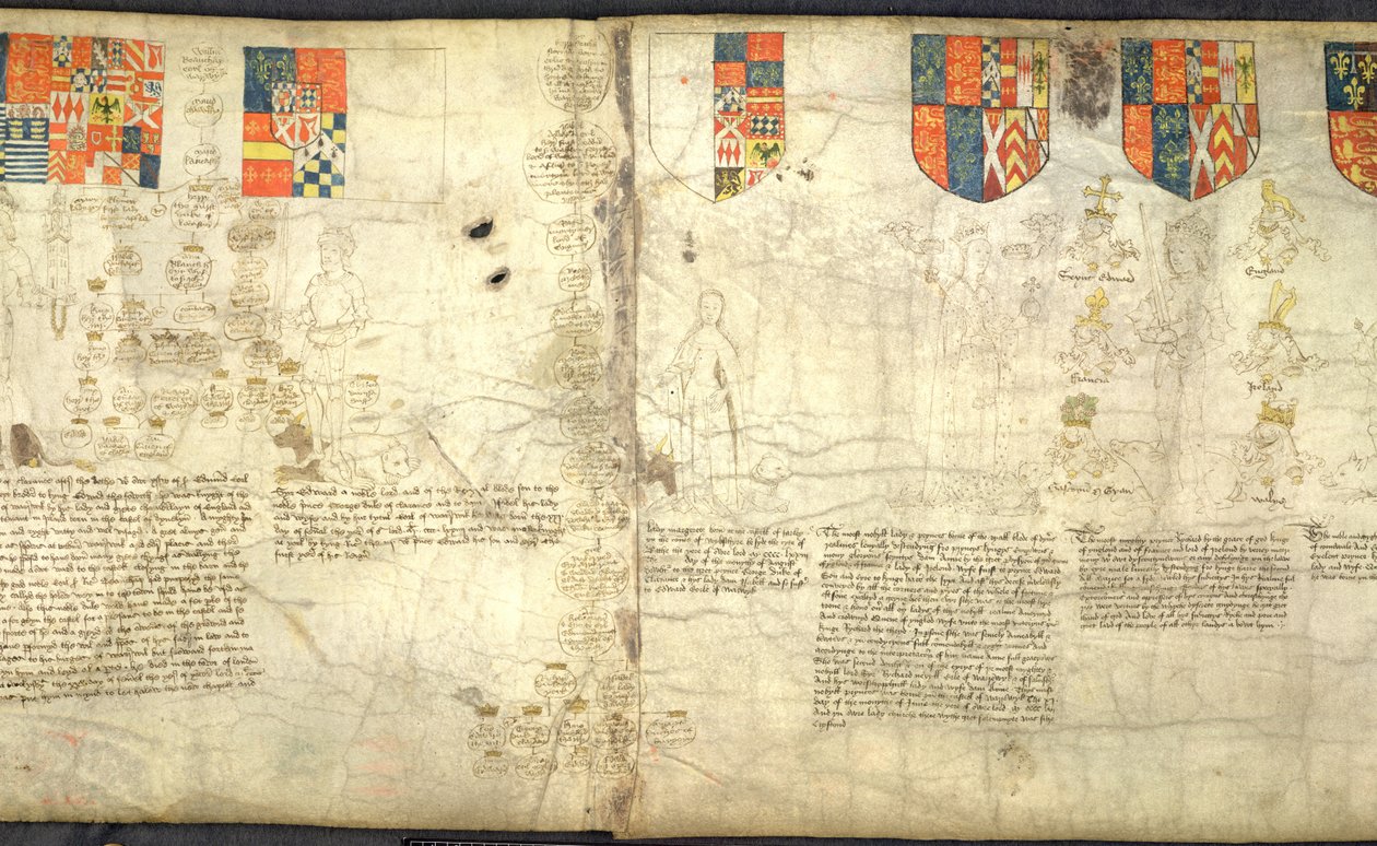 Rous Roll, f. 7kr: Balról jobbra: Edward, Warwick grófja (György fia, Clarence hercege); Margit (György Clarence hercegének lánya); Anne Neville (Richard Neville lánya és III. Richard felesége); III. Richárd (vellum) alkotó: English School