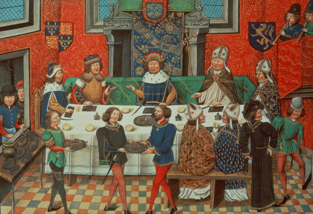 Roy 14 E IV f.244v Lancaster hercege Portugália királyával vacsorázik. III. „II. Richárd koronázásától 1387-ig”, Jean de Batard Wavrin alkotó: English School