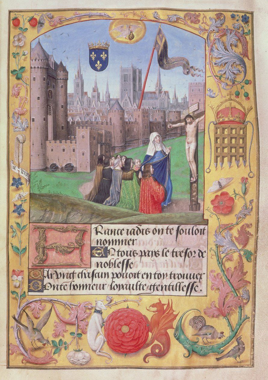 Roy 16 F II f.89 Notre Dame, Párizs, amelyen a karok kifeszítve láthatók, a lenti Szűzanya kilenc, a keresztre feszítés előtt térdelő alakot véd, Károly, Orléans hercegének költeményeiből, 1500 körül (vellum) alkotó: English School