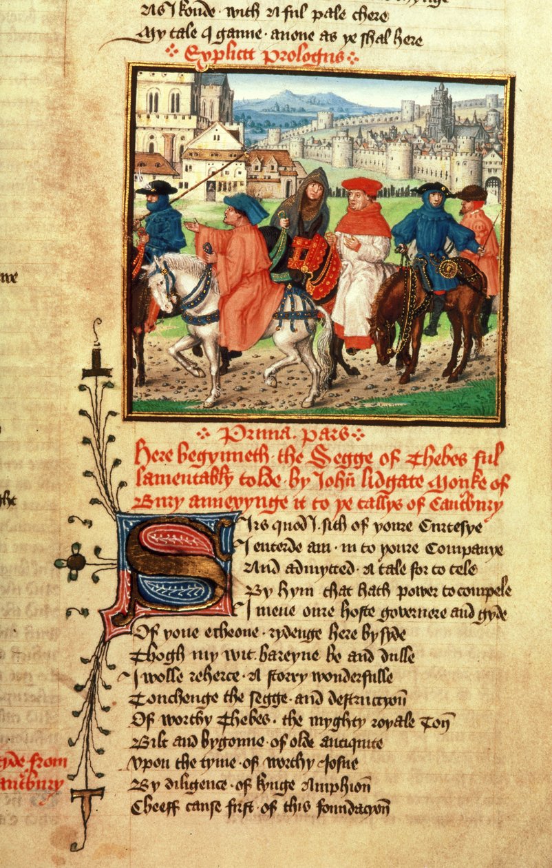 Roy 18 D 11 f.148 Lydgate és a Canterbury-ből induló zarándokok a „Trója könyvéből és Théba ostromából” John Lydgate (kb. 1370-kb. 1451) 1412-22 (vellum) alkotó: English School