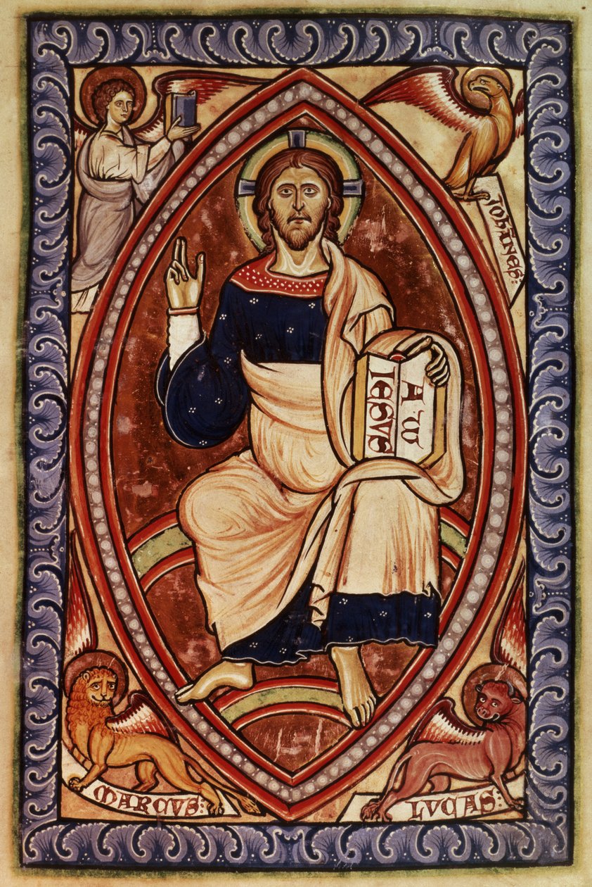Roy 2 A XXII f.14 Krisztus felségben az evangélisták szimbólumaival, a Westminster Zsoltárból, 1250 körül (vellum) alkotó: English School
