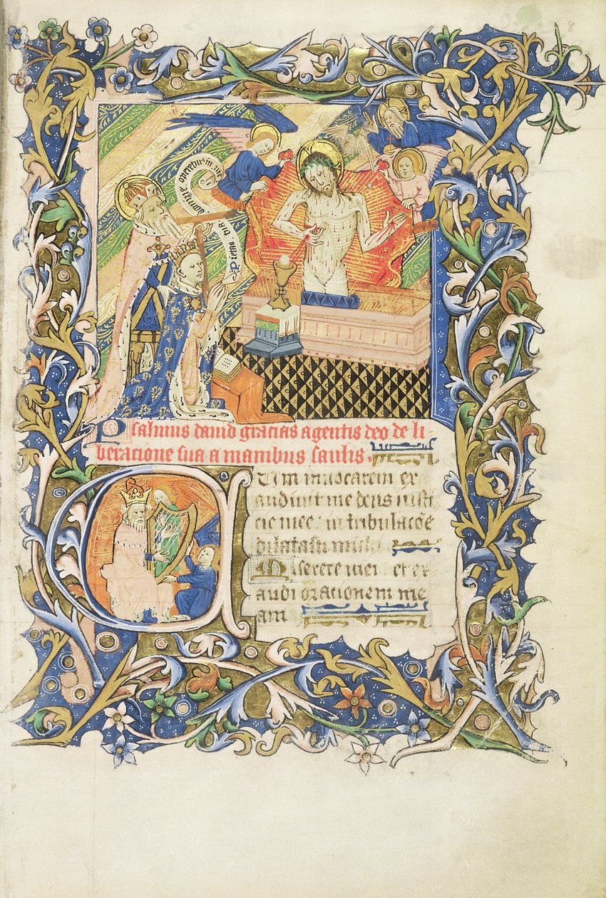 Roy 2 B I f.8 Koronás alak, amelyet a Szánalom képe előtt térdelő szürke szakállas szent támogat, Humphrey Gloucester hercegének zsoltárából, 1420-30 körül (vellum) alkotó: English School