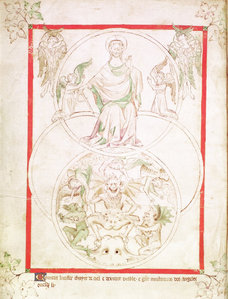 Roy 2 B VII f.1v Lucifer bukása, Mária Psalter királynőtől, 1310-20 körül (vellum) alkotó: English School