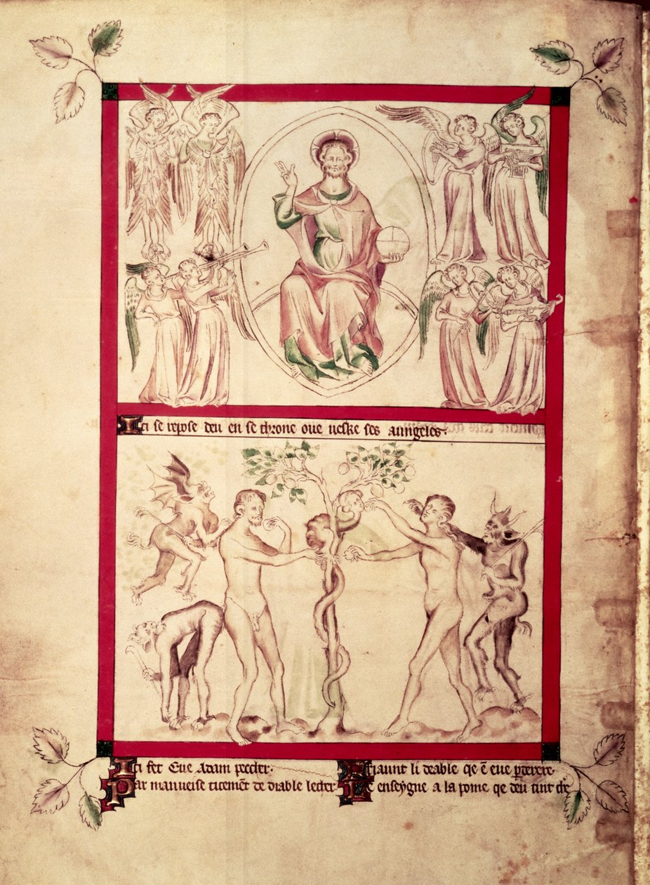 Roy 2 B VII f.3v Isten egy mandorlában, zenész angyalokkal körülvéve, Éva megkísértése, Zsoltáros Mária királynőtől, 1310-20 körül (vellum) alkotó: English School