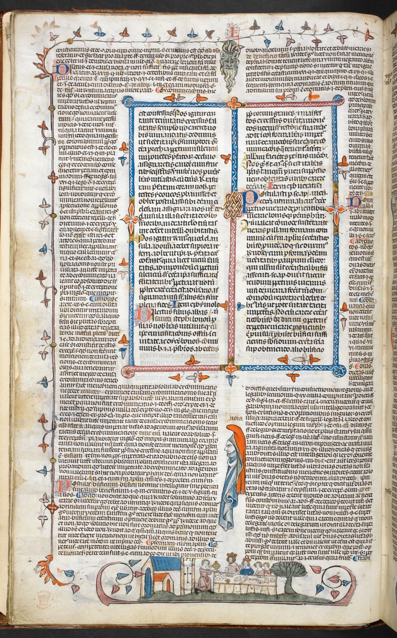 Royal 10 E. IV, f.250v Szöveg szélső díszítéssel és egy King Dining, illusztráció a „Smithfield Decretals”-ból (vellum) alkotó: English School