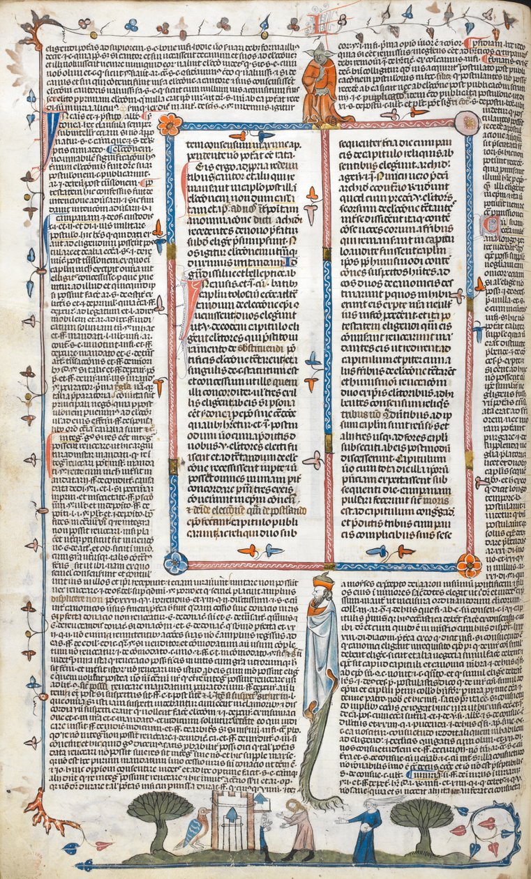 Royal 10 E. IV, f.30v, Szöveg és oldaljelenet egy férfiról és egy nőről az épületen kívül, a „The Smithfield Decretals” című filmből (vellum) alkotó: English School