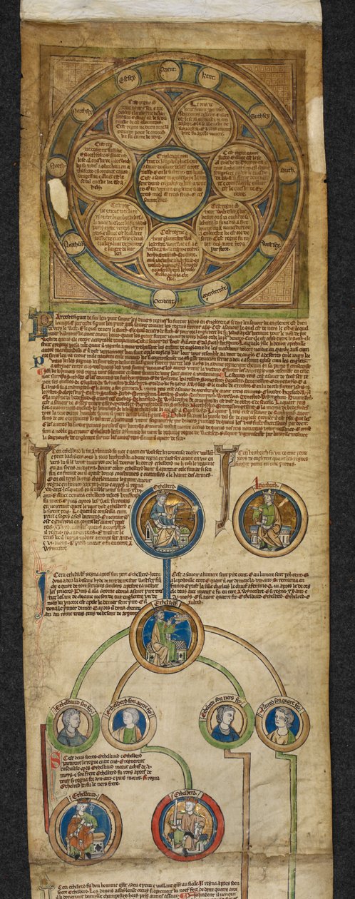 Royal 14 B. VI, 1. membrán, A Heptarchia és a királyi genealógia, Egberttől Alfredig, illusztráció az „Anglia királyainak genealógiai jegyzékéből”, 1300-40 körül (vellum) alkotó: English School