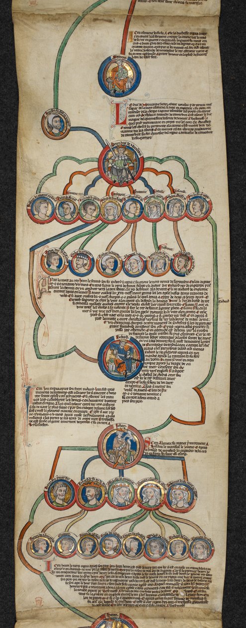 Royal 14 B. VI, Membrane 6, The Royal Genealogy from Steven to John, illustration from the Genealogical list of the Kings of England, 1300-40 (vellum) alkotó: English School