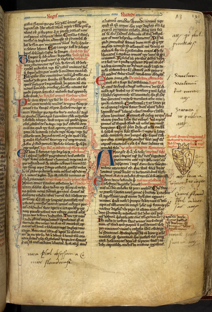 Royal 14 C.VII ff.86v Szegélydísz Oroszlánszívű Richárd címerével, illusztráció a következőből: "Matthew Paris, Historia Anglorum, Chronica majora, Part III" alkotó: English School