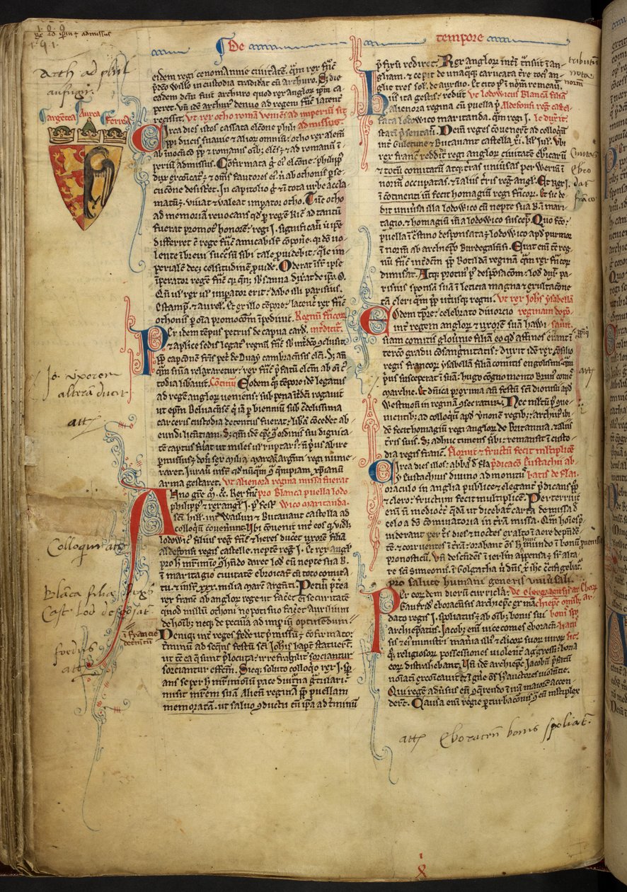 Royal 14 C.VII ff.86v Szegélydísz Oroszlánszívű Richárd címerével, illusztráció a következőből: "Matthew Paris, Historia Anglorum, Chronica majora, Part III" alkotó: English School