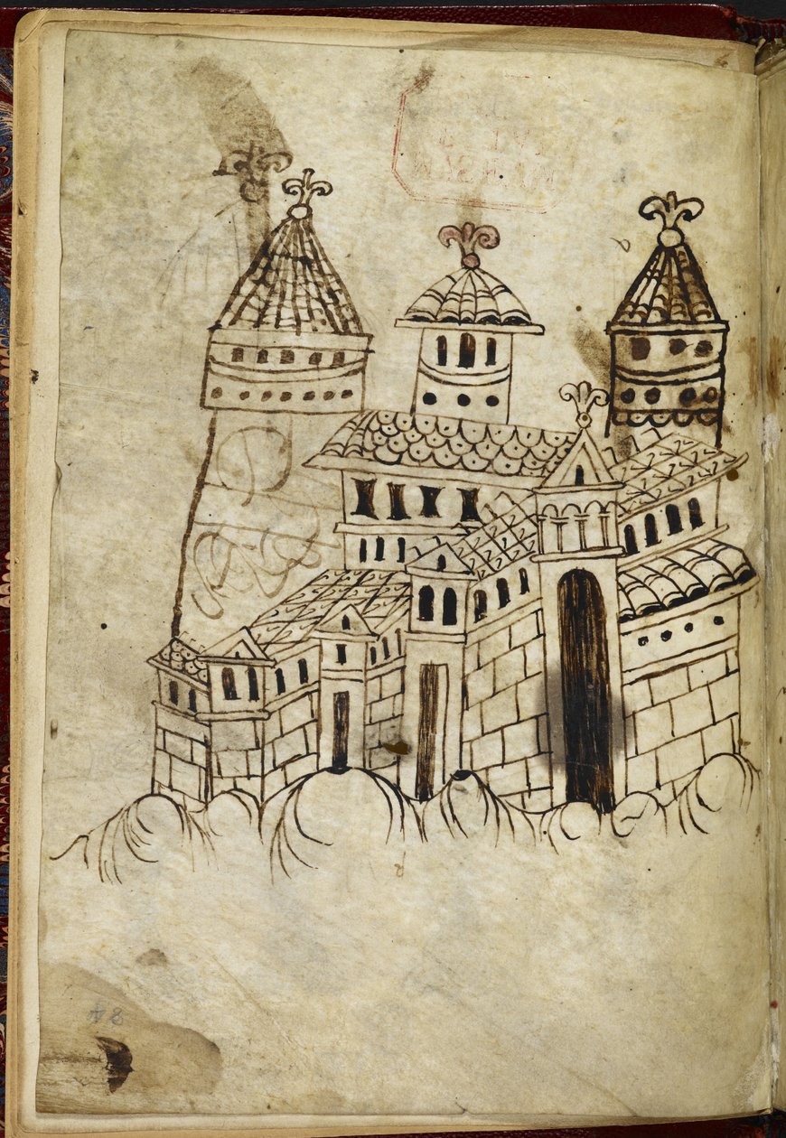 Royal 15 A. XVI román stílusú épület három toronnyal (tinta pergamen) alkotó: English School