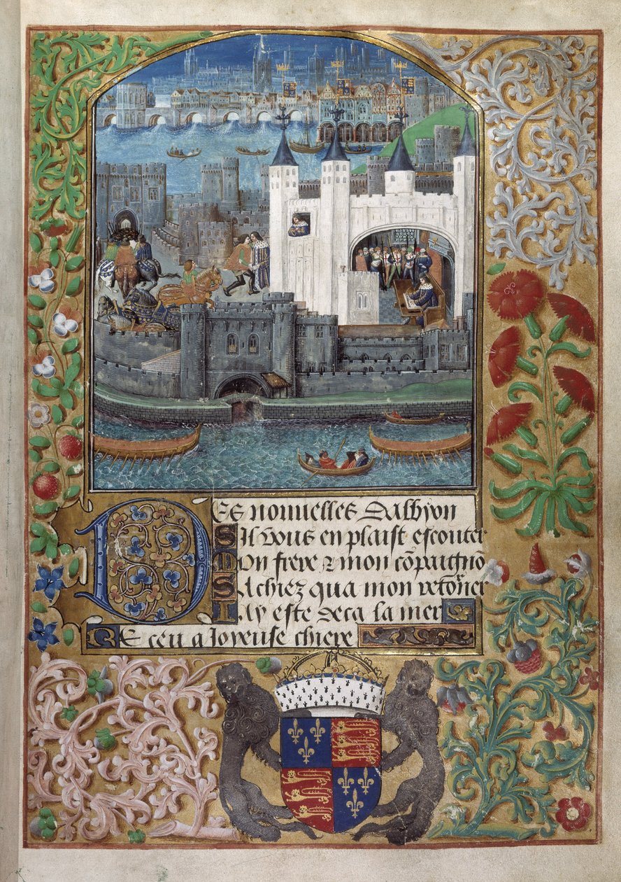 Royal 16 F. II, f.73 The Tower of London, mögötte London Bridge. Károly, Orléans hercege, akit írásban láttak az ablaknál állni, és levelet küldeni az udvaron alkotó: English School