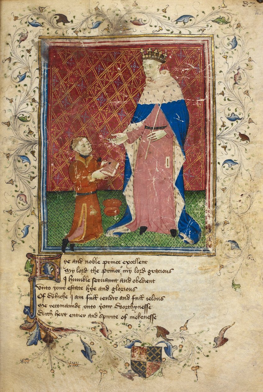 Royal 17 D. VI, f.40 Bemutató jelenet Thomas Hoccleve-vel, amikor felajánlja könyvét V. Henriknek (vellum) alkotó: English School