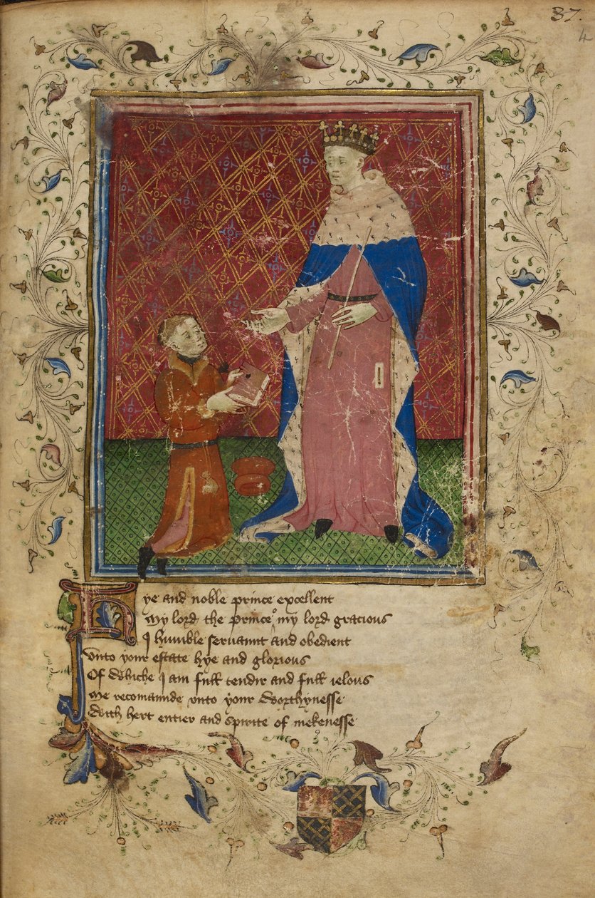 Royal 17 D. VI, f.40 Thomas Hoccleve letérdelve felajánlja könyvét V. Henrik királynak. Illusztráció a "The Regement of Princes" című könyvből, Thomas Hoccleve (vellum) alkotó: English School