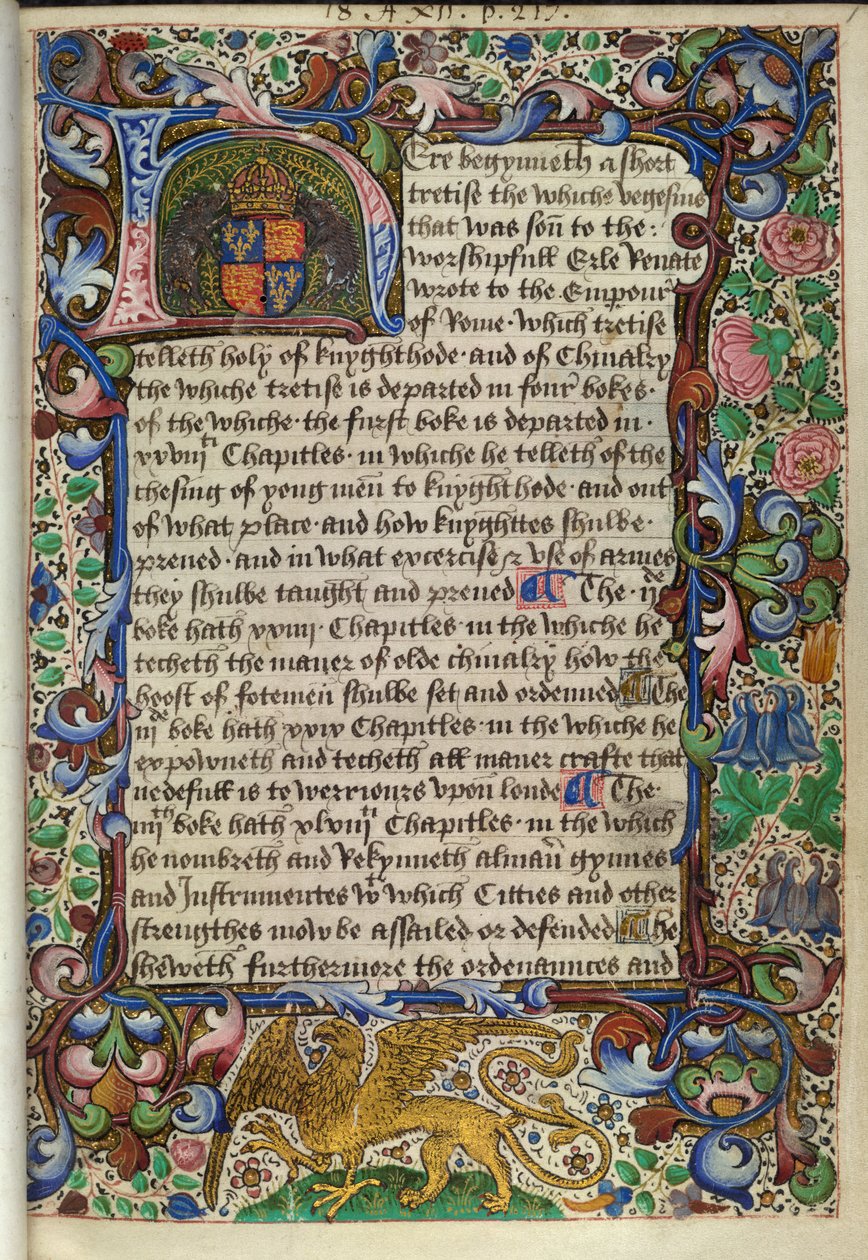 Royal 18 A. XII fol.1 Megvilágított "H" kezdőbetűvel, III. Richárd címerével, mellette két vaddisznó, a "De re militari" szóból alkotó: English School