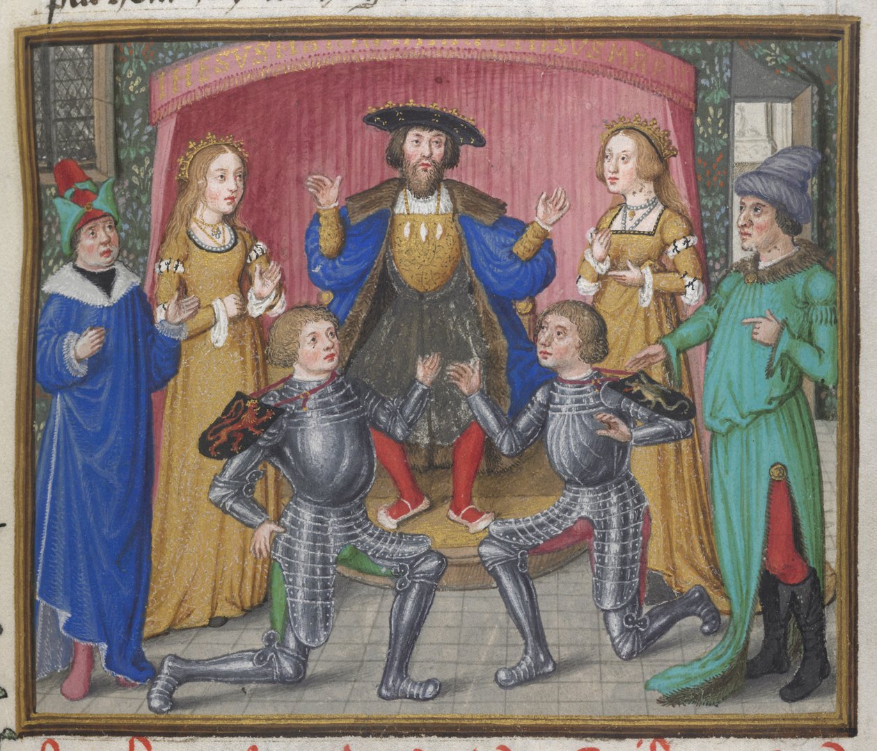 Royal 18 D.II, f.151 Polynices és Tydeus kibékülve, illusztráció a „Théba ostromából”, 1455-1462 körül (vellum) alkotó: English School