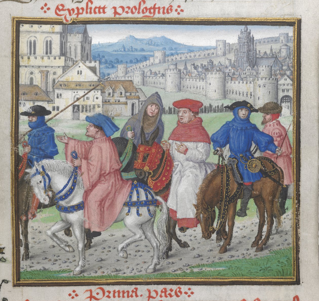 Royal 18 D. II, f.148 A prológus vége. John Lydgate és a Canterbury-i zarándokok elhagyják Canterburyt, illusztráció a „John Lydgate, Trója könyv és Théba ostroma, William Cornish, John Skelton, William Peeris és mások verseivel”, 1455-62 körül (vellum) alkotó: English School