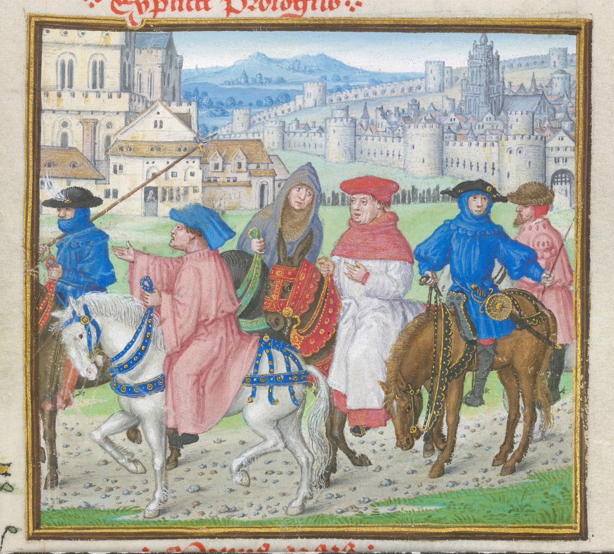 Royal 18 D II f.148 Lydgate és a Canterbury-i zarándokok, akik elhagyják Canterburyt a „Trója könyvéből és Théba ostroma”-ból, John Lydgate (kb. 1370-kb. 1451) 1412-22 (vellum) (8063 részlete) alkotó: English School