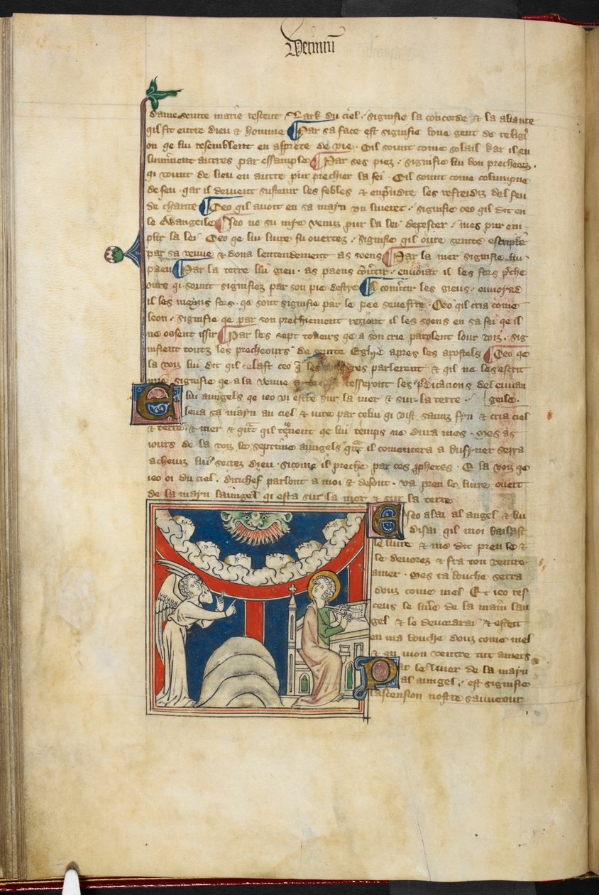Royal 19 B.XV, f.17v Egy oroszlán szája és egy megfordított felhőíven hat fej, amelyek a hét mennydörgést jelképezik: lent balra az angyal, jobbra pedig János, aki éppen a könyvbe ír, innen: The Queen Mary Apocalypse, angol iskola (14. század) alkotó: English School