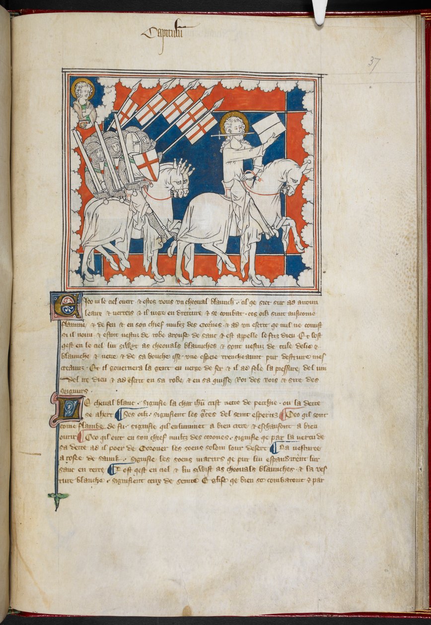 Royal 19 B.XV, f.37 A lovas fehér lovon és követői; János fent, a bal oldalon, a „The Queen Mary Apocalypse”-ből (tinta, szín és arany pergamen) alkotó: English School
