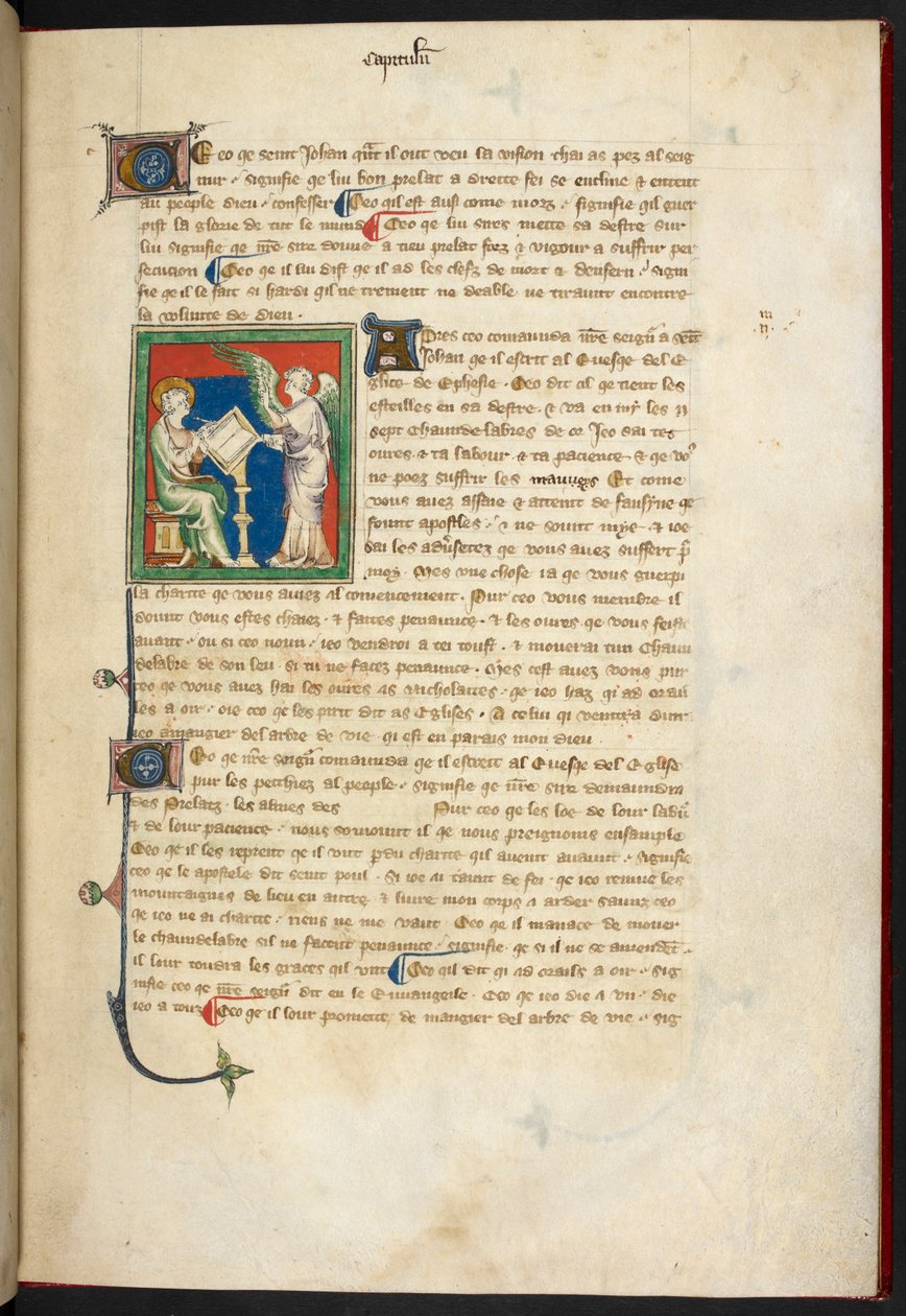 Királyi 19 B.XV, f.3 János ül, írás; egy angyal áll az íróasztala mögött, a „The Queen Mary Apocalypse” angol iskolából (14. század) alkotó: English School