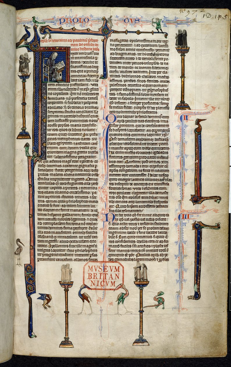 Royal 1 D I, f.1r, Jerome, atyafiak oszlopokon, Devon Vilmos Bibliájából (vellum) alkotó: English School