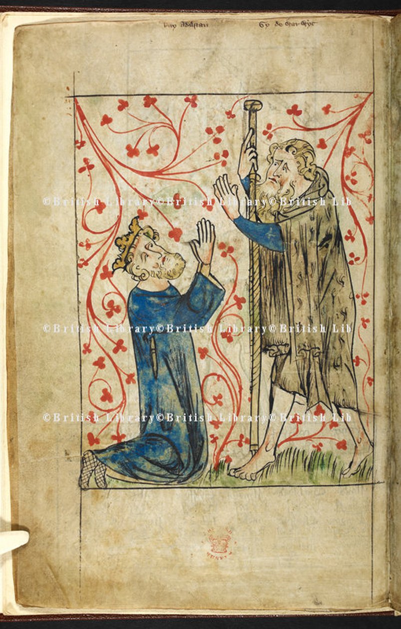 Royal 20 A. II, f.4v Athelstan király Guy of Warwick előtt térdelve, Palmernek öltözve, illusztráció Peter de Langtoft „Anglia krónikájából” alkotó: English School