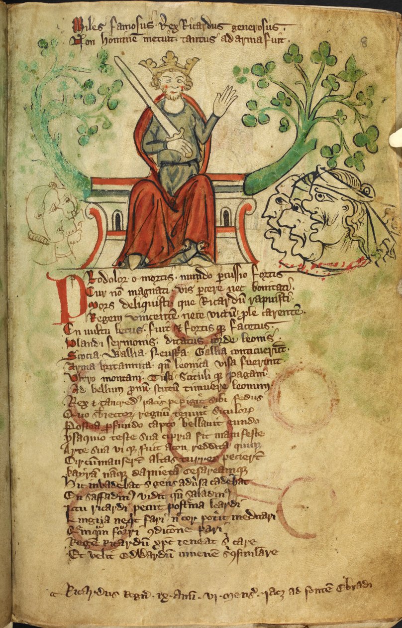 Royal 20 A. II f.8 I. Richárd király karddal, a trónján, illusztráció az „Anglia krónikájából”, Peter de Langtoft (vellum) alkotó: English School