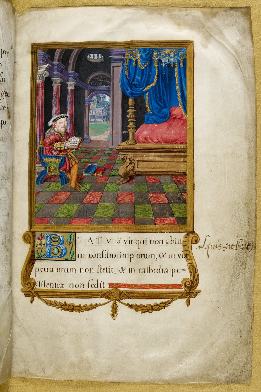 Királyi 2 A. XVI, f.3 VIII. Henrik király ülve olvas, ágykamrájában, illusztráció a „VIII. Henrik zsoltárából”, Jean Mallard alkotó: English School