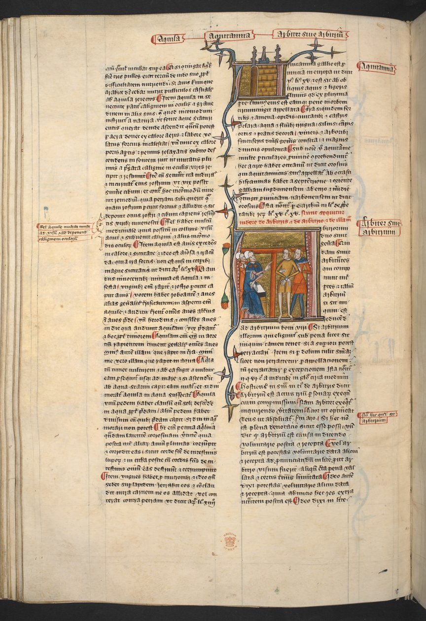 Royal 6 E VI, f.128v Arbiter, Arbitrium (bíró, határozat), az „Omne Bonum”-tól alkotó: English School