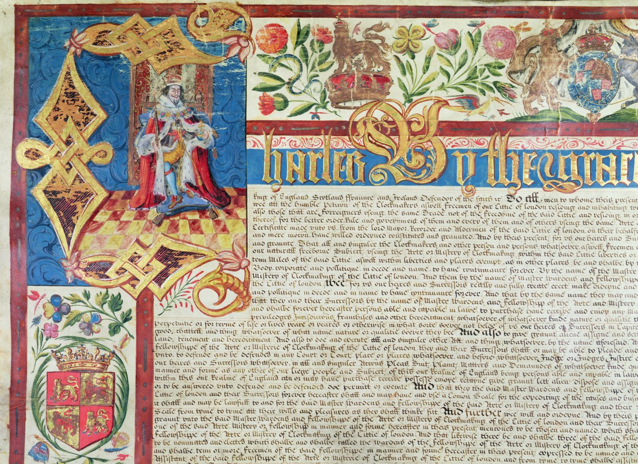 Királyi oklevél a posztógyártó cég számára II. Károly uralkodása idején (1630-85) (részlet) alkotó: English School