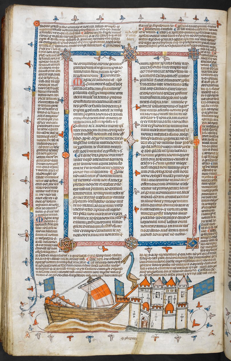 Royal MS 10 IV f.208v Haditengerészeti támadás és Marginal Dekoráció, illusztráció a „The Smithfield Decretals”-ból (vellum) alkotó: English School