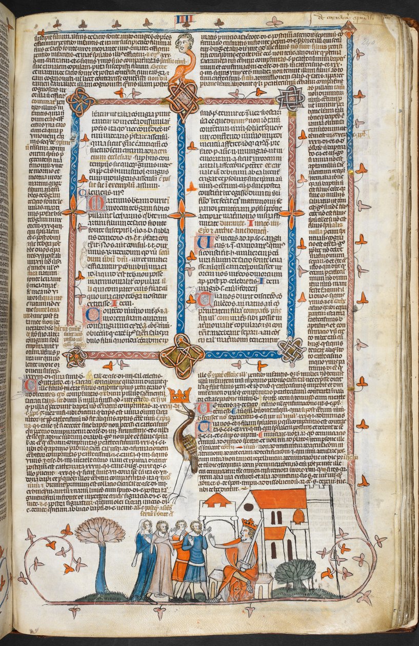Royal MS 10 IV f.240r Király, aki megvédi a palotáját és a szélső díszítést, illusztráció a „Smithfield Decretals”-ból (vellum) alkotó: English School