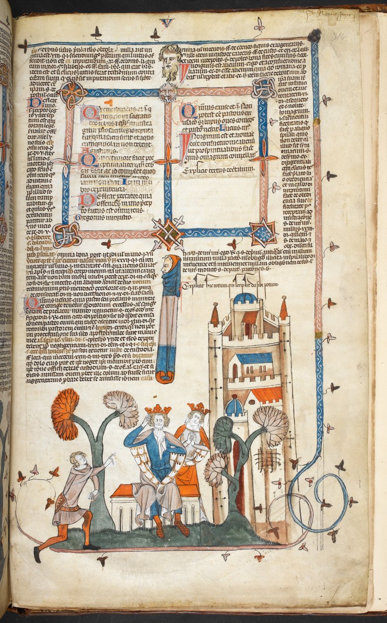 Royal MS 10 IV f.314r A király, királynő és kastélyuk marginális díszítéssel, illusztráció a "Smithfield Decretals"-ból (vellum) alkotó: English School
