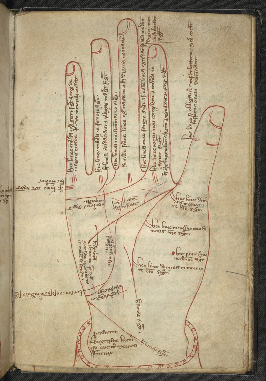 Royal MS 12 C XII f.107r Kezek olvasása, egy középkori vegyesben (tinta pergamen) alkotó: English School