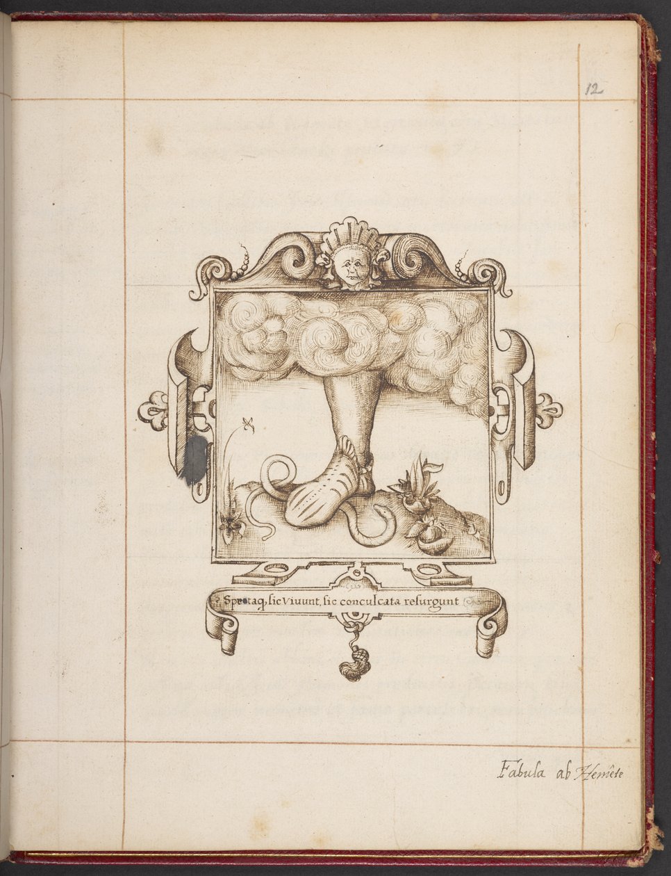 Royal MS 18 A XLVIII, fol. 12r, Latin mottóval ellátott embléma George Gascoine Hemetes, a remete bemutató példányából alkotó: English School