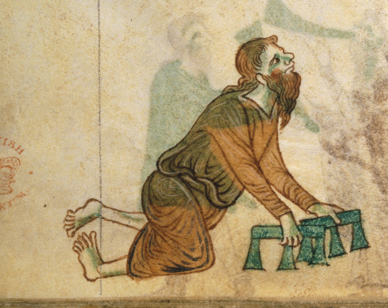 Royal Ms 13 B VIII fol.30v Egy nyomorék ember, aki térden mászik, Gerald of Wales „Topographia Hibernica” című művéből alkotó: English School