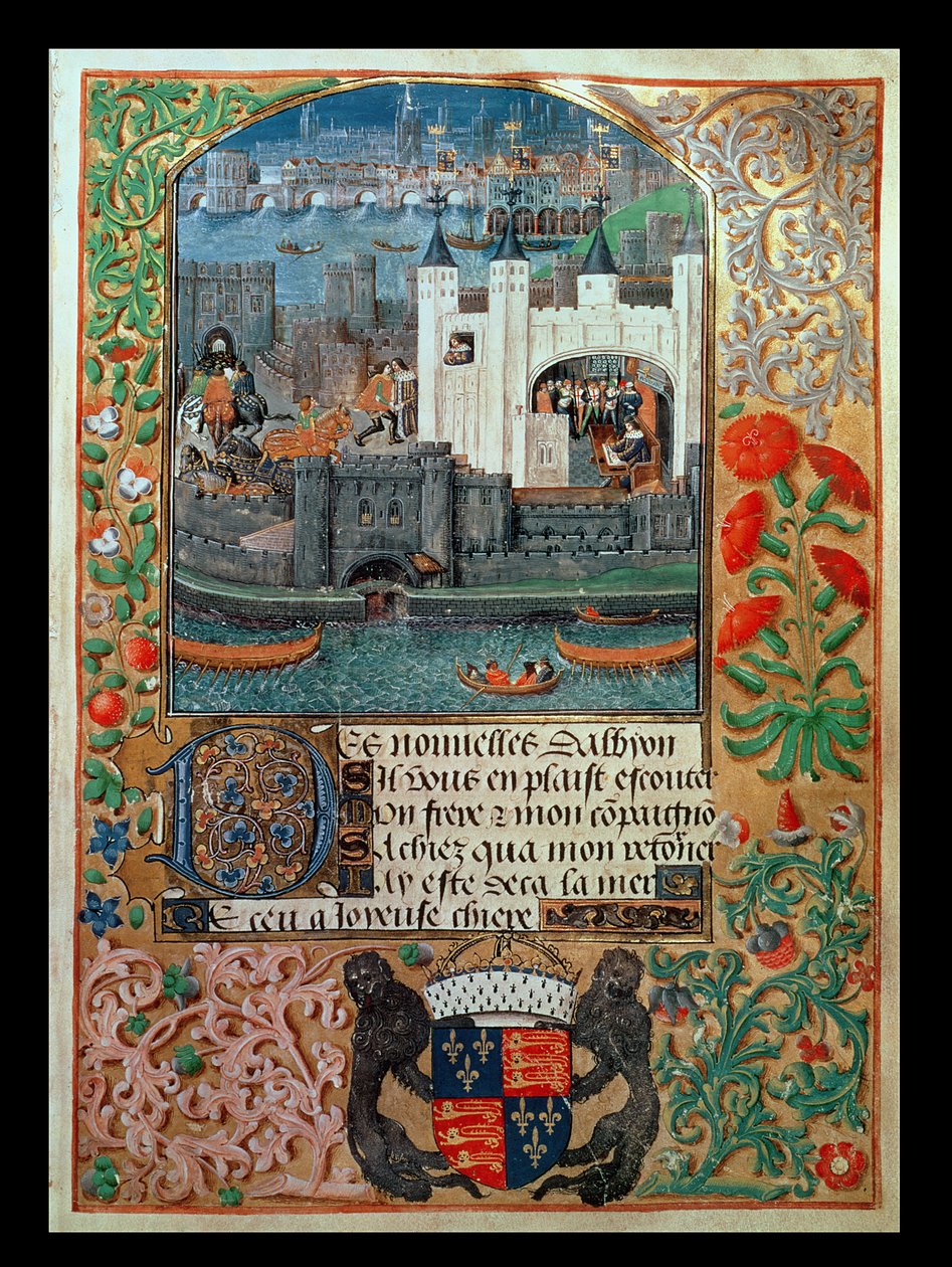 Royal Ms 16 F II, f.73: A londoni torony és a hajózás, Károly orléansi herceggel a Towerben ülve, Károly Orléans hercegének verseiből, 1500 körül (vellum) alkotó: English School