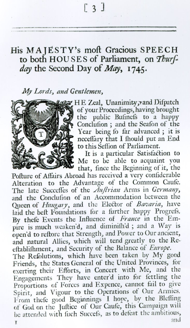 Királyi beszéd a Parlament mindkét házában, 1745. május 2. (nyomtatott) alkotó: English School