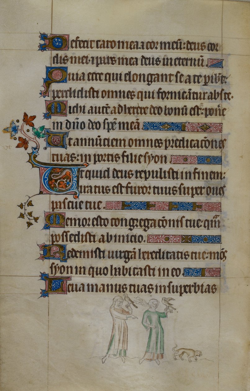 Royal ms 2_B VII f.177v Bas-de-page jelenet két nőről, akik sólymot cipelnek, és egy kis kutyával előttük, lakott kezdőbetűvel, illusztráció a „Zsoltáros Mária királynőből” alkotó: English School