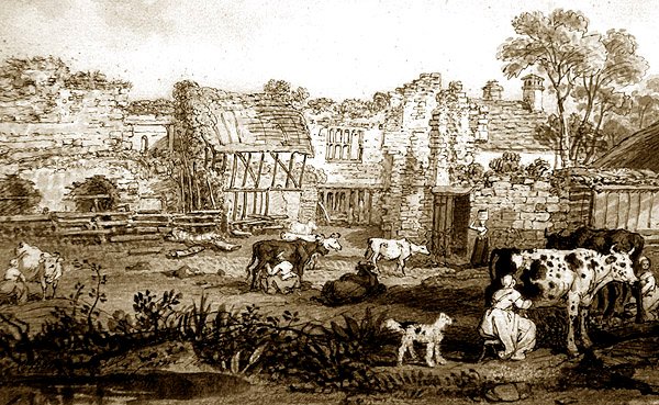 Romos udvarház fejőstehenekkel, 1800 körül (toll és szepia tinta, papír) alkotó: English School