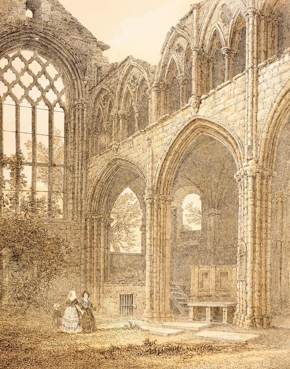 A Holyrood Abbey romjai és a Royal Vault bejárata, John Howie The Scots Worthies című könyvéből, 1879-ben megjelent második kiadás alkotó: English School